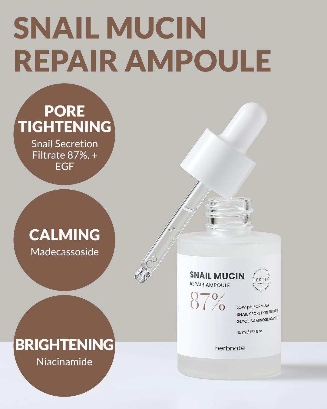 HERBNOTE Snail Mucin Repair Ampoule - Boost Skin Regeneration, Tighten Enlarged Pores, Reduce Redness & Blemishes - 85% Snail Secretion Filtrate, 2% Niacinamide & EGF, 1.52 fl.oz.