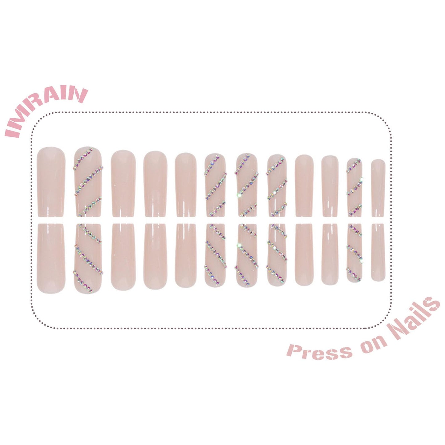 IMRAIN Rhinestone Press on Nails Long Square Fake Nails Nude Glossy Glue on Nails Full Cover Sparkling Squoval Acrylic False Nails for Women 24Pcs Natural Artificial Nails Press ons