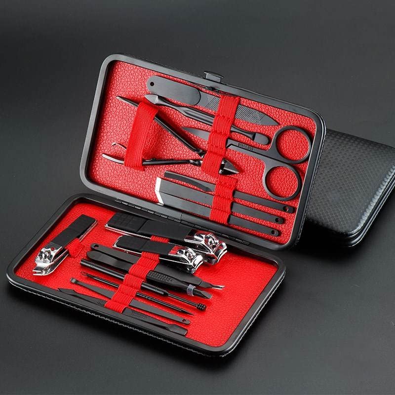 Manicure Pedicure Set Nail Clippers Travel Hygiene Kit Stainless Steel Nail Cutter Care Set Scissor Tweezer Knife Ear Pick Grooming Kits with Leather Case (Black Plating Red Liner)