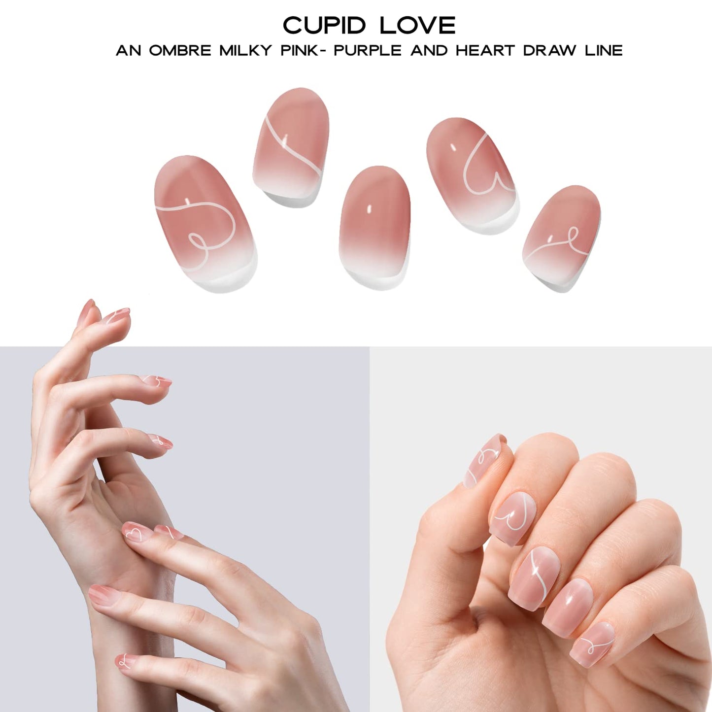 Adora Couture Semi Cured Gel Nail Strips |20pcs Pink Ombre French Manicure Strips Glaze Nail Strips | Gel Nail Stickers with UV Light Required (Cupid Love)