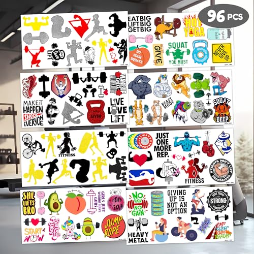 96 PCS Gym Fitness Workout Temporary Tattoos Themed Birthday Party Decorations Supplies Favors Decor Bodybuilding Motivational Quotes Tattoo Stickers Gifts for Men Girls Boys Class Prizes Carnival