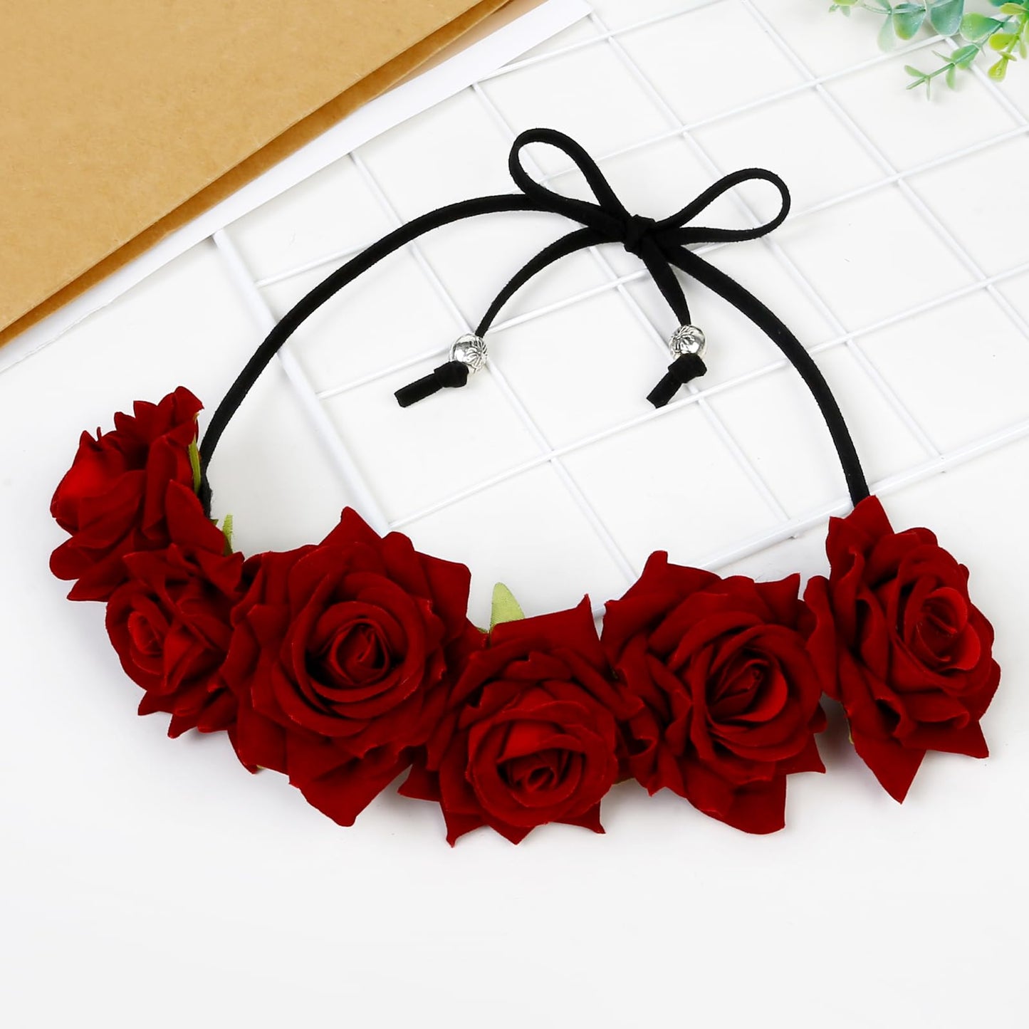 WOVOWOVO Rose Flower Crown Floral Headbands for Women Girls Burgundy Fake Roses Headband for Festival Halloween Cosplay Costume Party Wedding Garland Wreath Hair Accessories