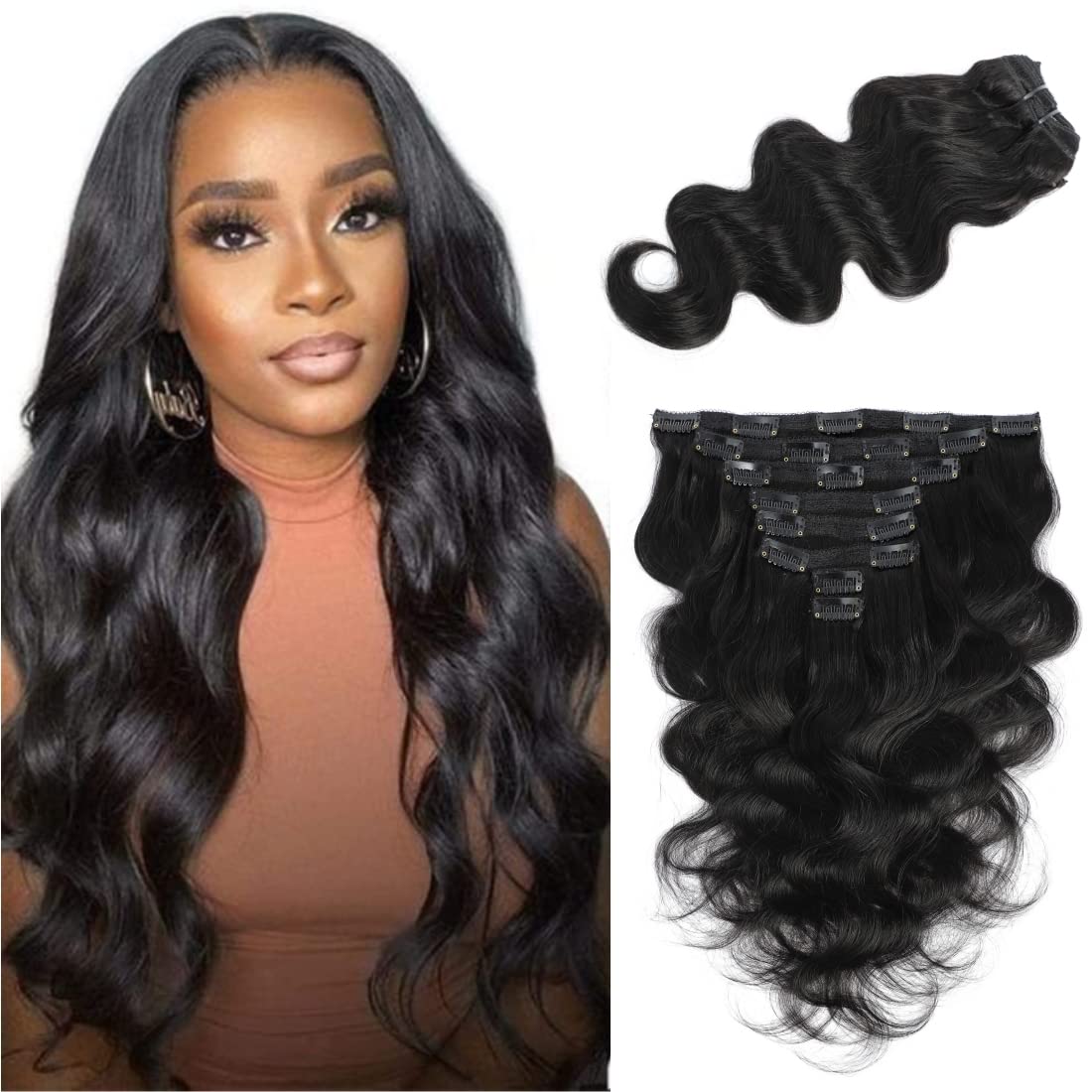 LUMIERE Hair Clip In Hair Extensions Real Human Hair - Guleless Body Wave Hair Extensions Clip Ins Wear And Go Grade 120g 10A Brazilian Remy Hair 8Pcs With 20Clips Double Wefts Thick and Soft 14 Inch