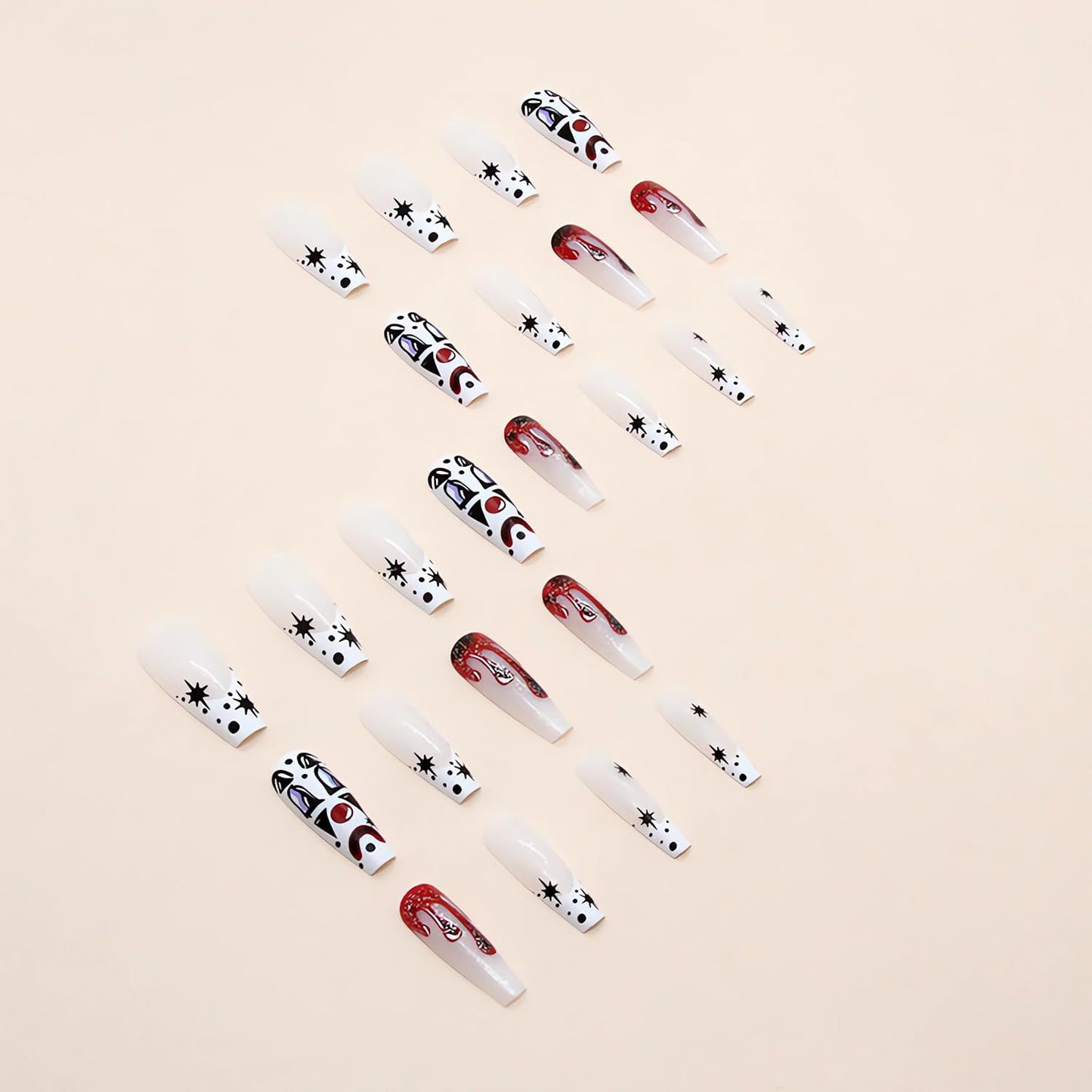 Halloween Press on Nails Long Coffin Fake Nails with Blood Clown Designs Glossy Glue on Nails Full Cover Long Acrylic Nails Halloween Nails for Women and Girls for Nail Art Decorations Cosplay 24 Pcs