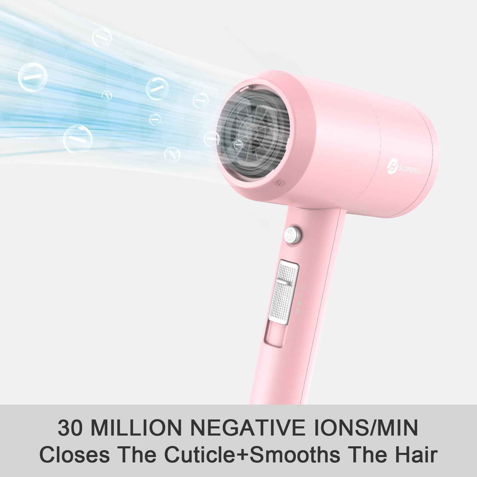 slopehill Professional Ionic Hair Dryer, Powerful 1800W Fast Drying Low Noise Blow Dryer with 2 Concentrator Nozzle 1 Diffuser Attachments for Home Salon Travel (Pink)
