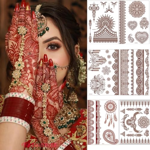 Temporary Henna Tattoo Stickers - Indian Flower Pattern Fake Tattoos for Women Body Arms Legs Hands, Halloween Costume Cosplay Wedding Beach Party Decorations 6 Pcs