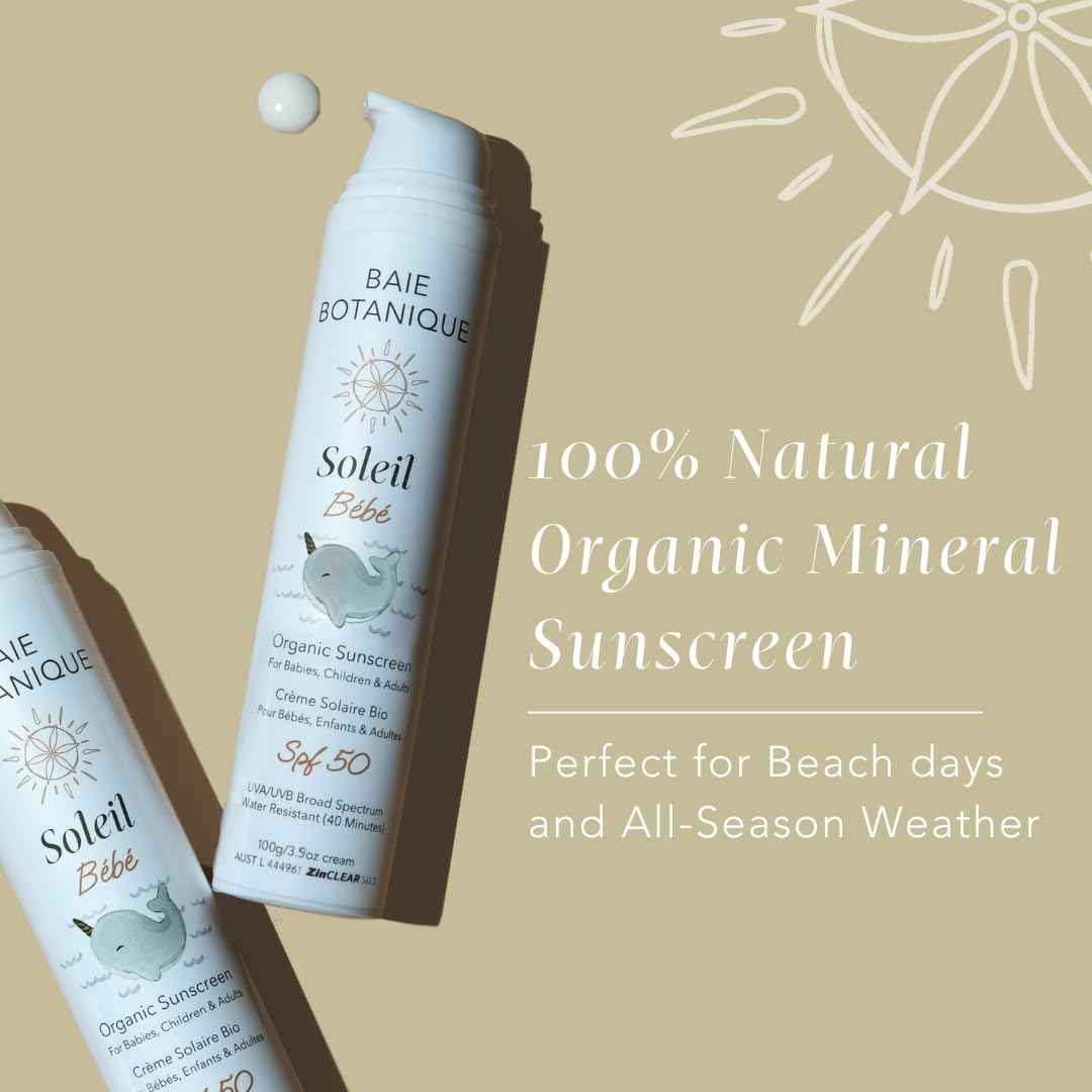 Baie Botanique Soleil Bébé - Organic Non-Toxic Mineral Baby Sunscreen SPF 50 - Sunflower & Jojoba - Unscented - Natural - Vegan - No White Cast - Reef Safe - UVA/UVB - 100g