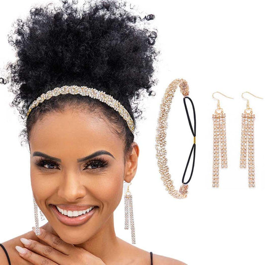 Barode Braided Rhinestones Headband Earrings Gold Crystal Hairbands Eardrop Sparkle Head Chain Tassel Jewelry Set for Women (White, Free Size)