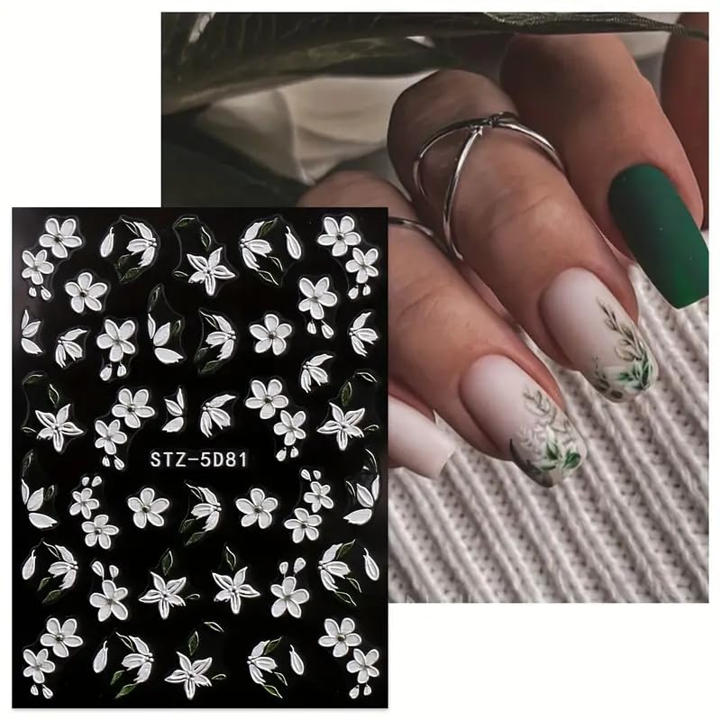 Flower Nail Art Stickers Decals White Flower Nail Stickers 5D Embossed Nail Decals Spring White Flowers Leaf Engraved Nail Art Design Supplies Flower Stickers for Nails Women Manicure Nail Decoration