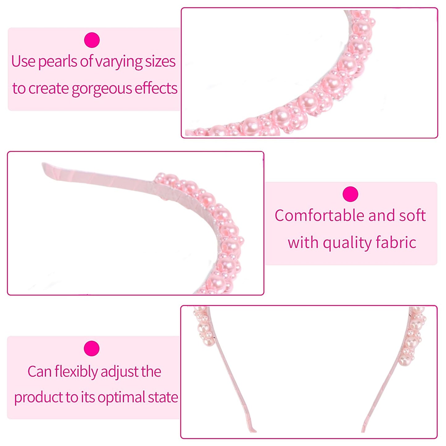 DIUEWOW Fashion Pearl Headbands for Women - Pink Cute Faux Pearl Beads Head Band, Bridal Hair Hoop for Party and Wedding