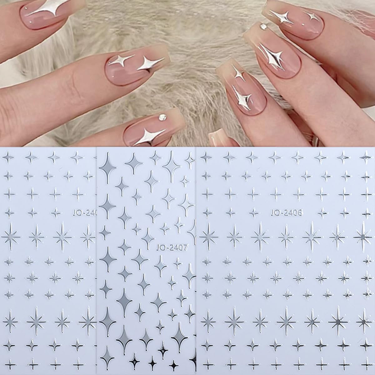 Heart Star Nail Art Stickers-6 Sheets Silver Heart Stars Nail Stickers 3D Self-Adhesive Shiny Heart Star Nail Designs Stickers Luxury Star Spring Summer Nail Decals for Acrylic Manicure Decoration