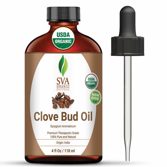 SVA Clove Bud Essential Oil Organic – 4 Fl Oz – 100% Natural Organic Clove Oil - for Diffuser, Hair Care, Face, Skin Care, Aromatherapy, Scalp and Body Massage, Soap and Candle Making - with Dropper