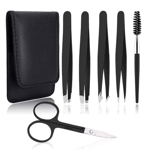 UUBAAR 6 PCS Professional Tweezers Set - Stainless Steel Precision Tweezer Kit for Eyebrows, Facial Hair, Ingrown Hair & Splinter Removal with Travel Case (Black)