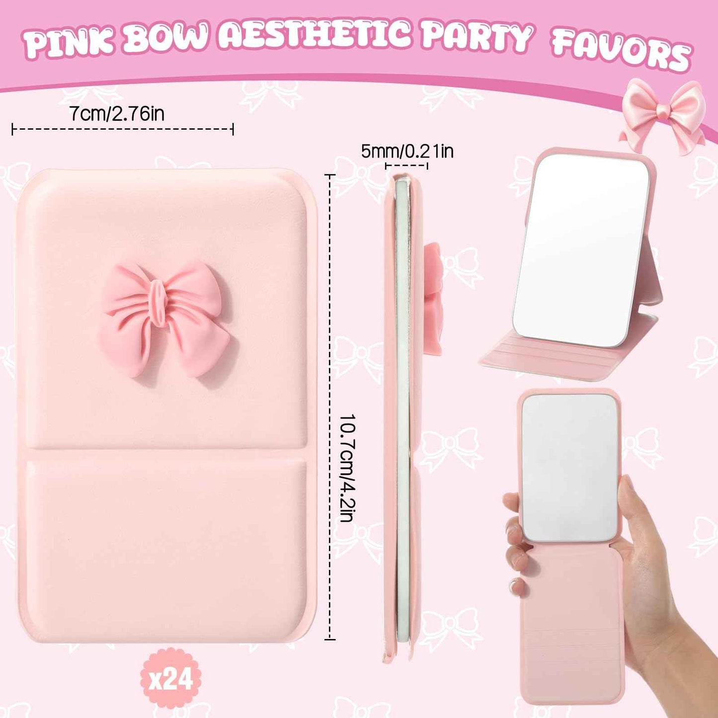 Amyhill 24pcs Coquette Pink Bow Party Favor, Compact Mirror Bulk for Women Birthday Bridal Shower Graduation, Pocket Small Mini Folding Mirrors for Bag