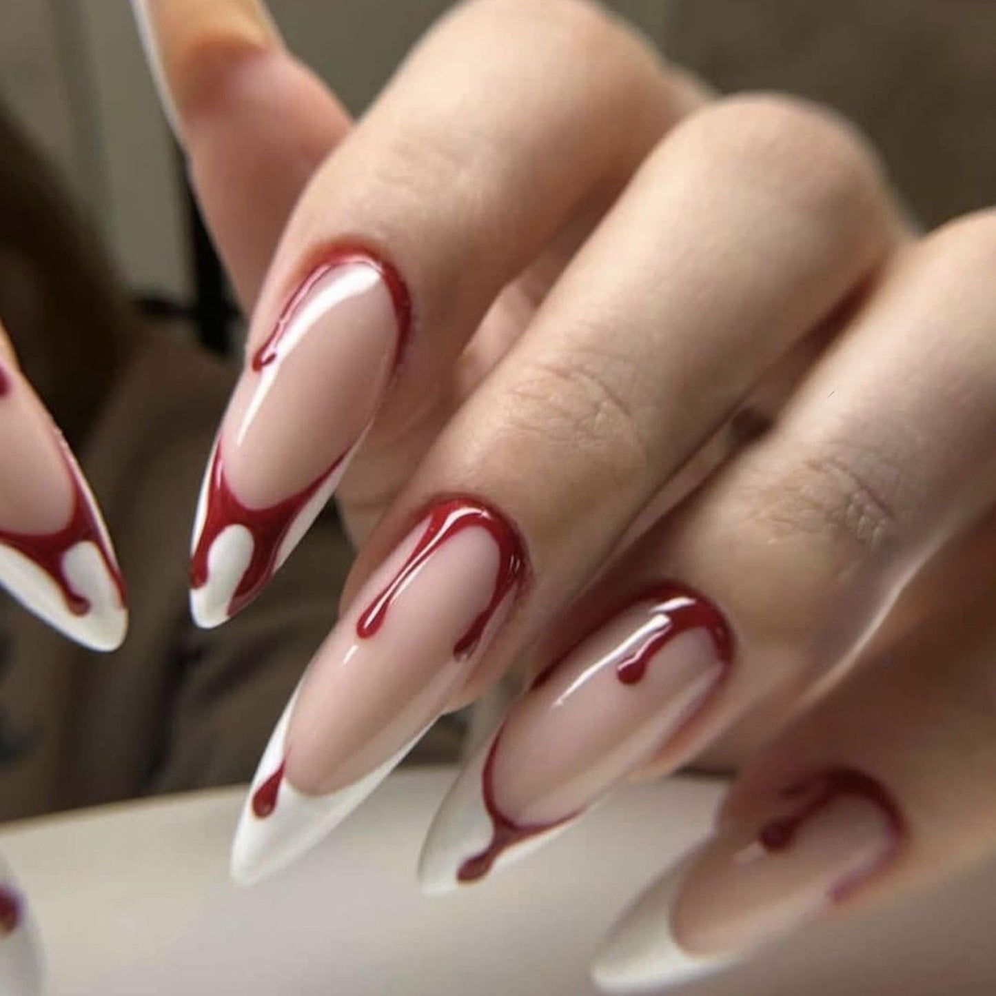 Halloween Press on Nails Long Almond Fake Nails with Red Blood Drop Designs White French Tip Nails Press ons Glossy Glue on Nails Halloween False Nails Acrylic Stick on Nails for Women 24Pcs