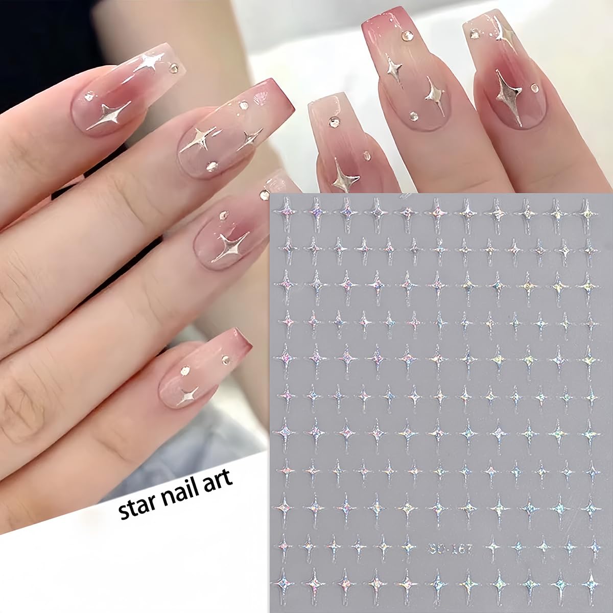 Shiny Crystal Star Nail Stickers for Nail Art, 6 Sheets Shiny White Silver Stars Nail Decals 3D Self-Adhesive Star Nail Designs Sticker Nail Tips DIY Manicure Decoration Supplies for Women and Girls