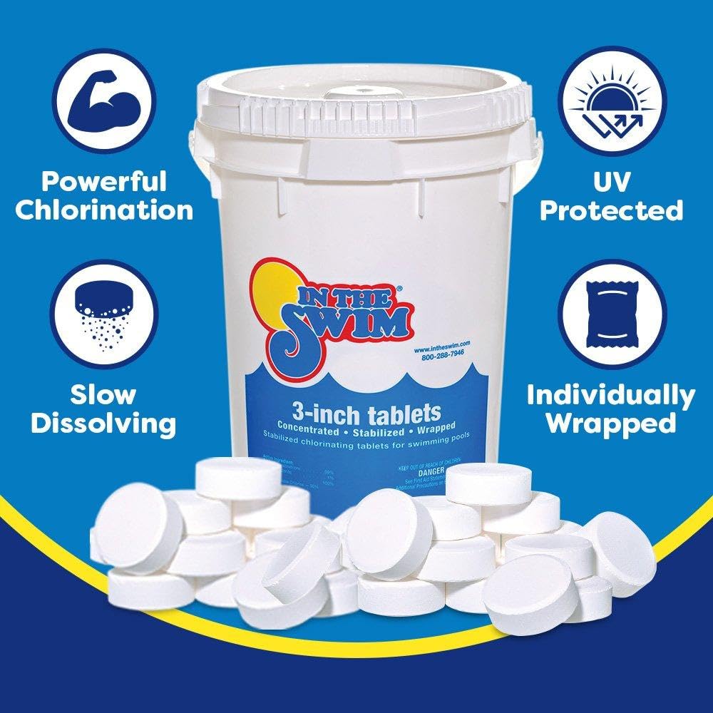 In The Swim Chlorine and Shock Bundle for Sanitizing Swimming Pools – includes 10 Pound Bucket of 3 Inch Stabilized Chlorine Tablets and 6 x 1 Pound Bags of 68% Cal-Hypo Pool Shock