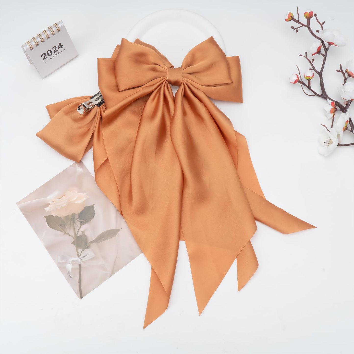 Big Hair Bows with Long Tail 2PCS Orange Bow Hair Clip with Metal Spring Clamp Soft Satin Hair Ribbon for Women Girls