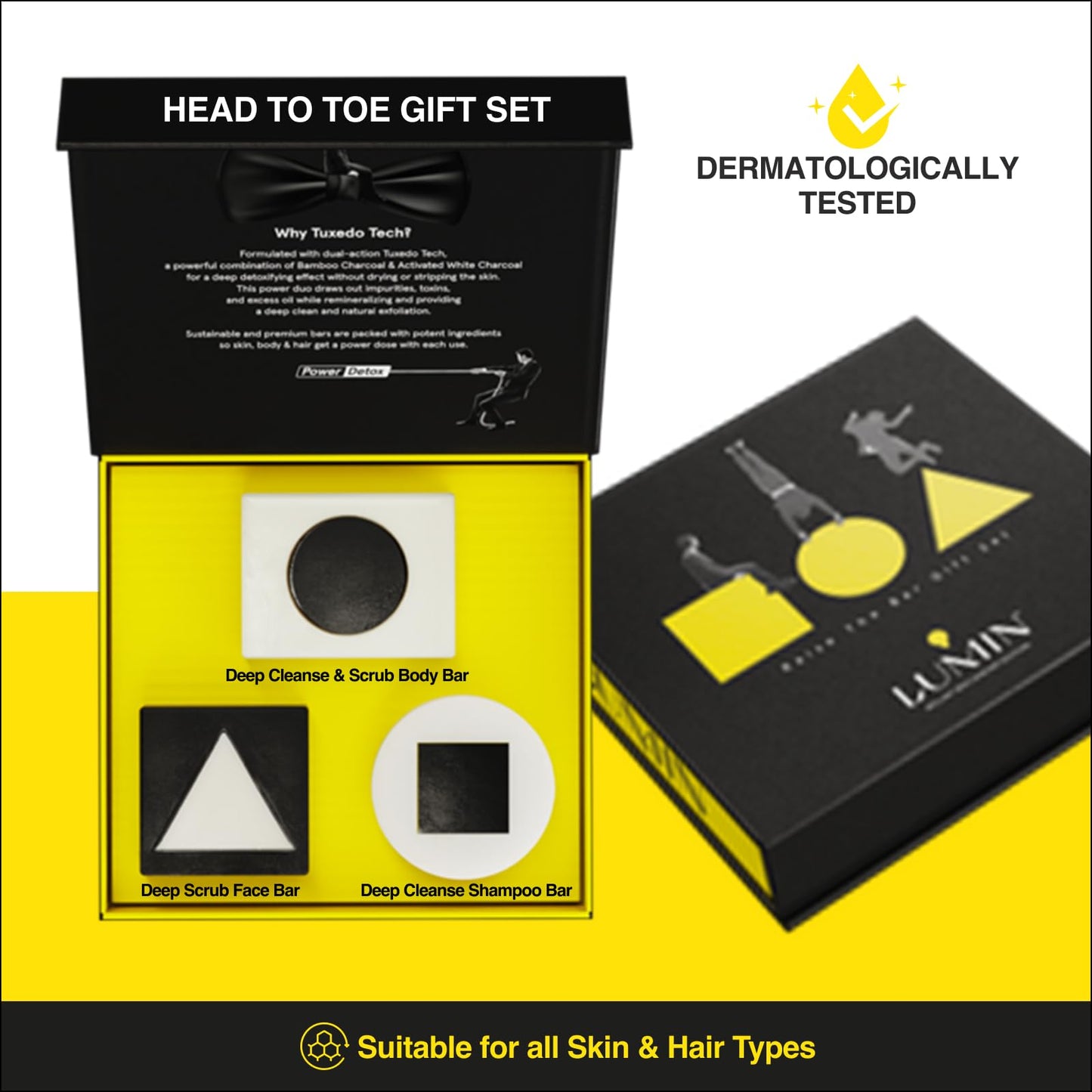 Lumin - Raise The Bar Gift Set for Men - Includes Solid Shampoo, Face and Body Bars Soap Made of Activated Charcoal, Tee Tree Oil, Rice Protein, Dermatologically Tested, For All Skin Types, Daily Use