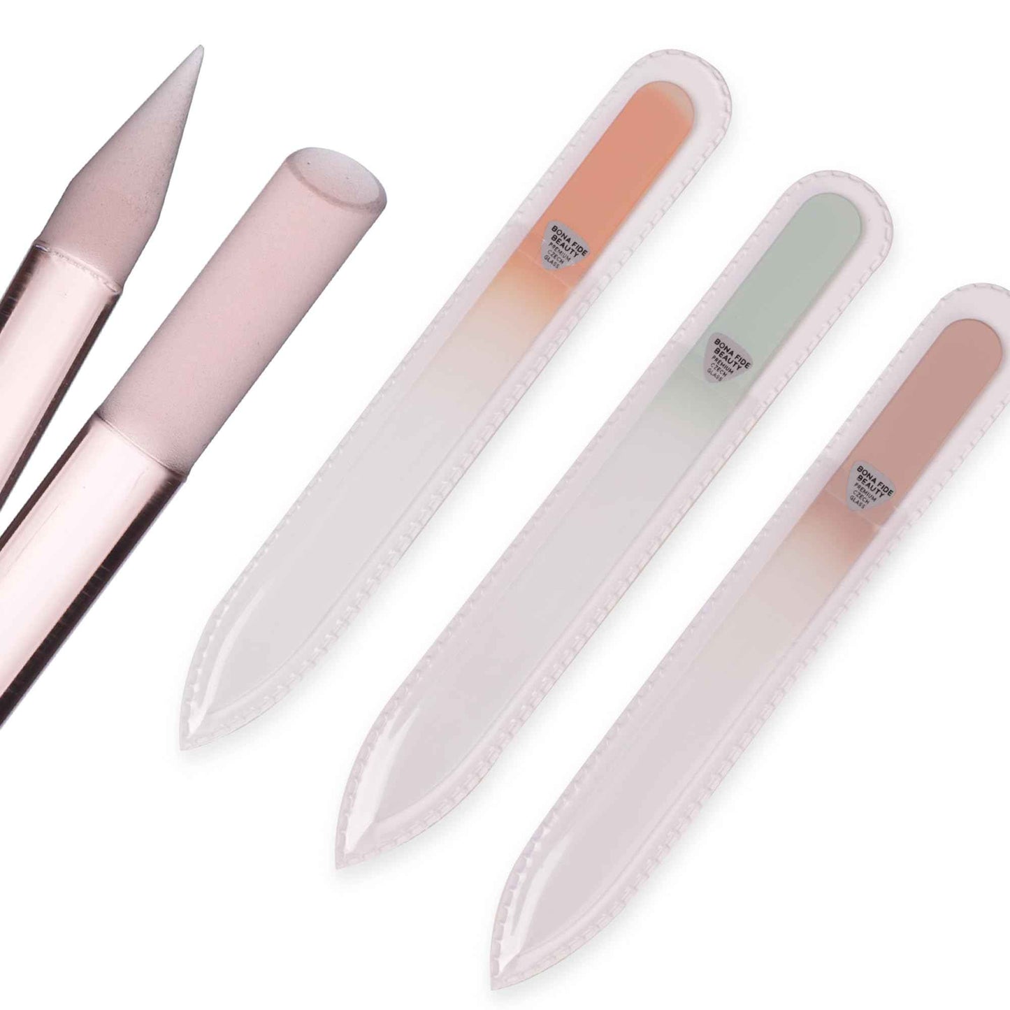 Bona Fide Beauty Value Bundle: 1Pc Pink Czech Glass Cuticle Pusher & 3 Pc Muted Glass Nail Files with Sleeves