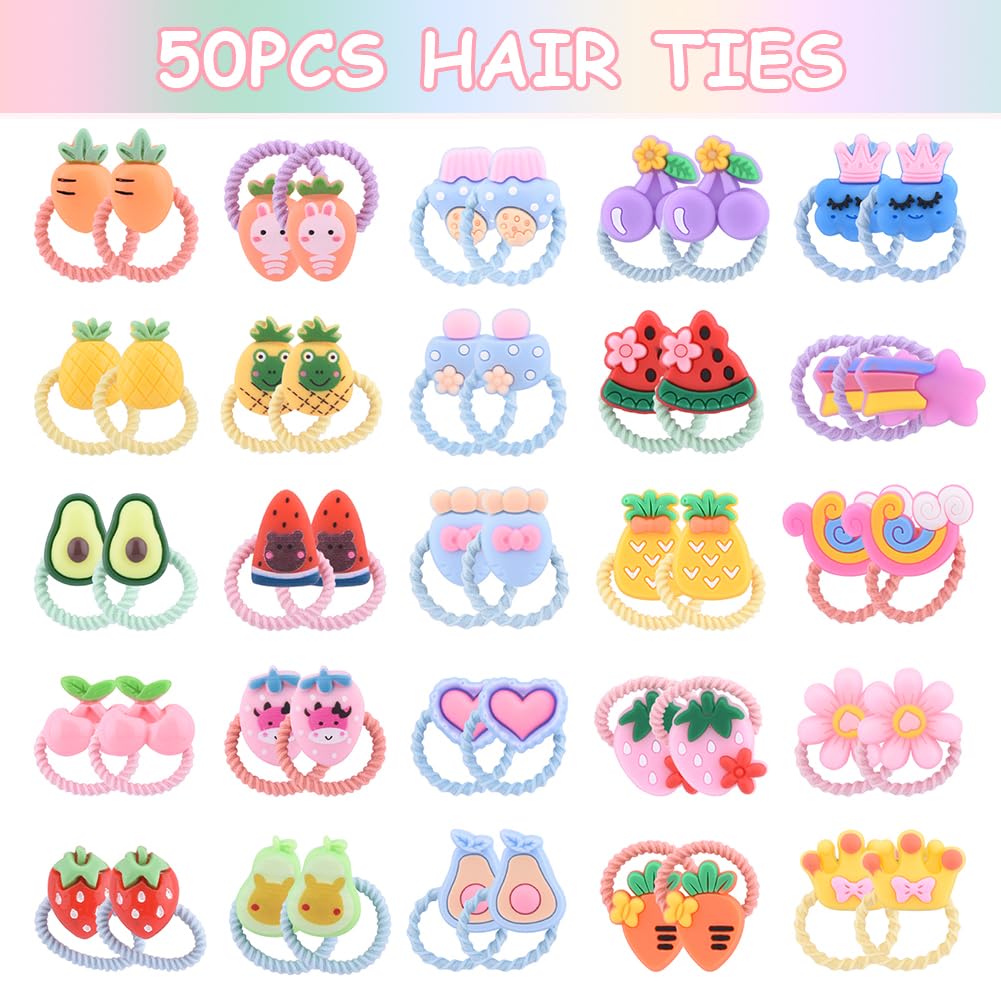 KELEAPEKER Cartoon Hair Ties for Girls,50pcs Girls Hair Ties No Damage,Colorful Elastic Cute Hair Accessories,Suitable for Girls Infants Toddlers Kids Teens(Cartoon Fruit)