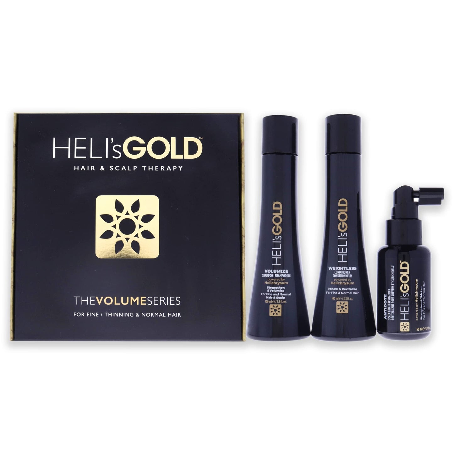 HELI's GOLD Volume Series Travel Kit - For Fine/Thin Hair - Strengthen/Repair - Volumize Shampoo - Weightless Conditioner - Scalp & Hair Revitalizer - Color Safe - 3pc