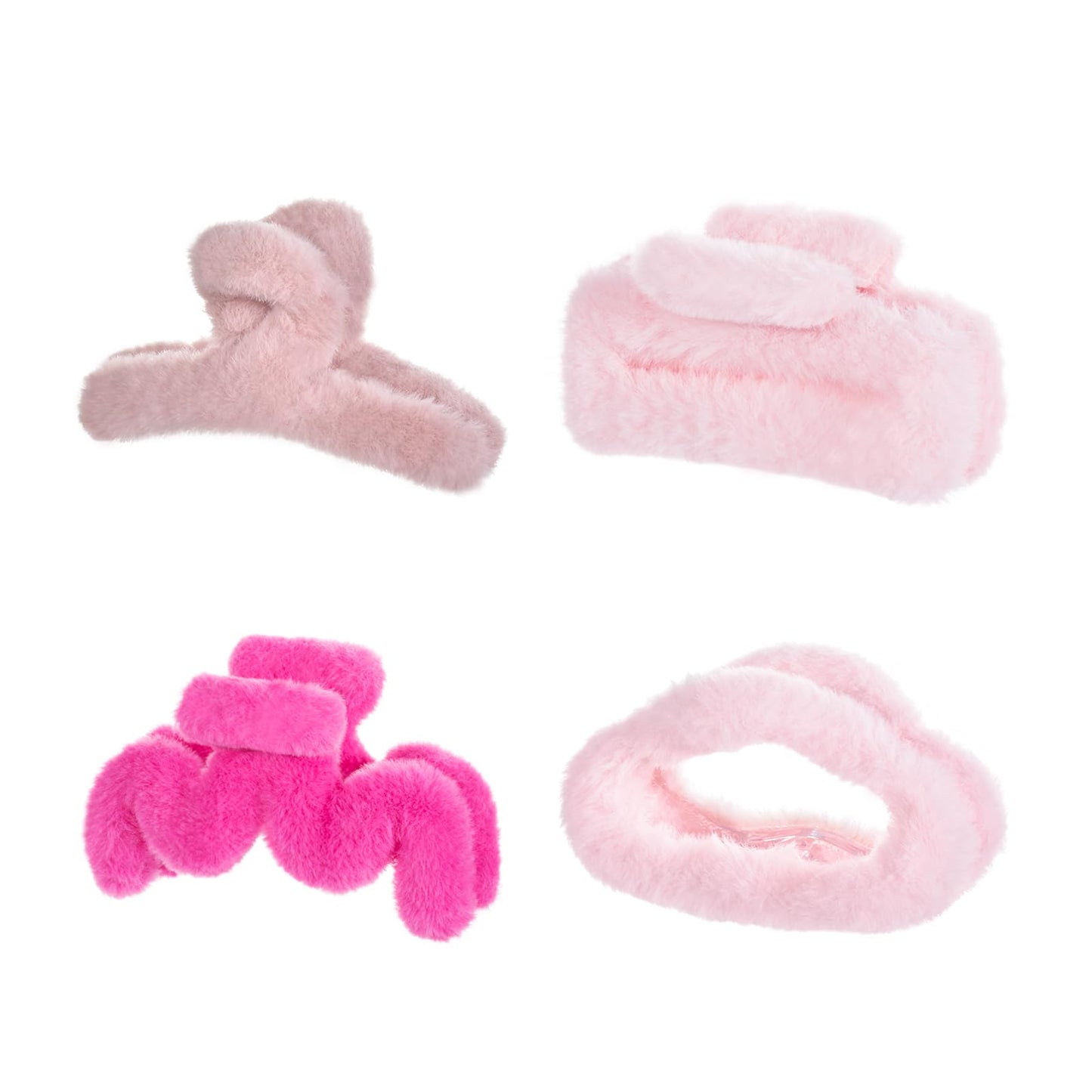 Yonchic 4-Piece Faux Fur Hair Accessories, Different Shapes, Strong Hold Non-Slip Clips for Thin/Medium Thick Hair (Pink)