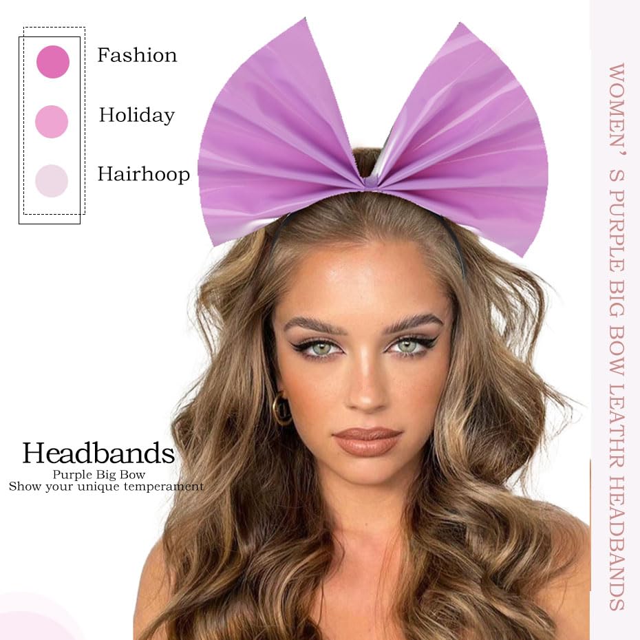 Fdesigner Big Bow Headband Purple Hair Bow Headbands Bowknot Hairband Fashion Women Bows Headpiece Festival Leather Hair Hoop for Holiday Cosplay Costume Gift (Purple)