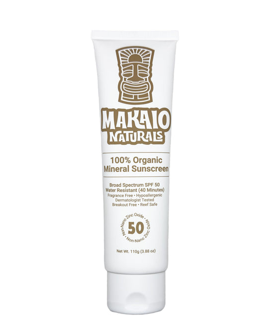 Makaio Naturals 100% Organic Mineral Sunscreen SPF 50 – Face & Body, Unscented, No White Cast, Non-Nano Zinc, Vegan, Hypoallergenic, Reef Safe, Dermatologist Tested, 3.88 fl oz