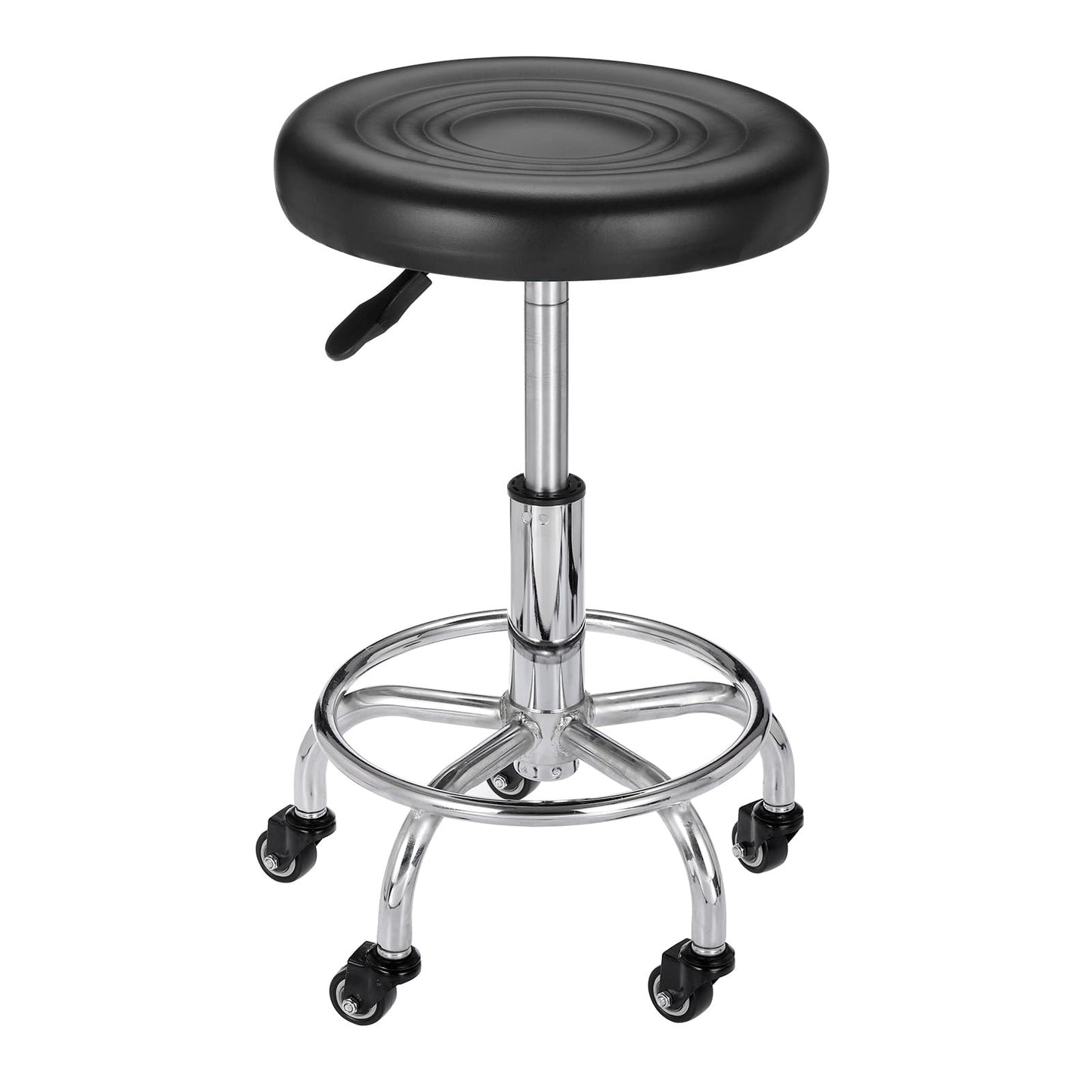 PATIKIL Adjustable Height Rolling Stool with Wheels, PU Leather Round Rolling Desk Stool for Tattoo Massage Salon Spa Salon Teach Facial Office, Black