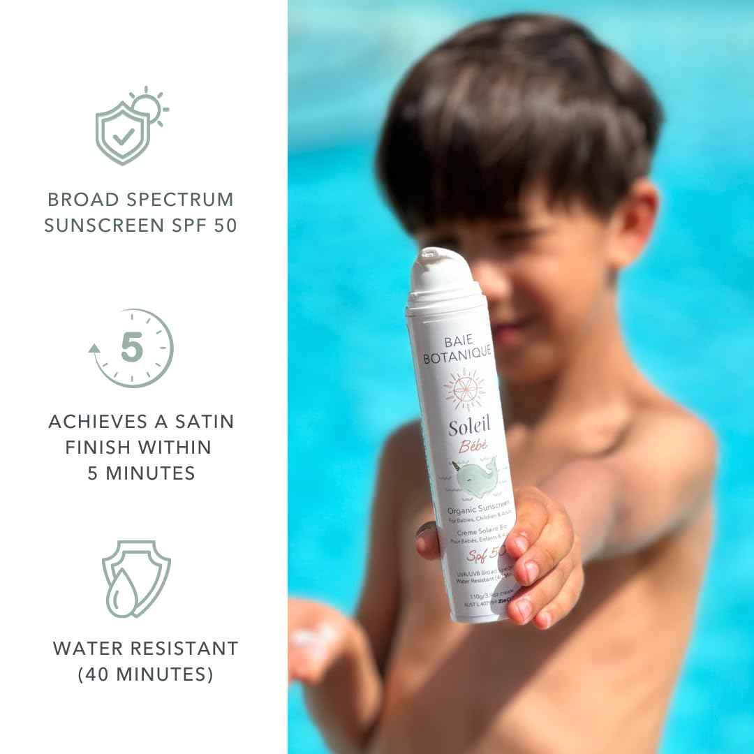 Baie Botanique Soleil Bébé - Organic Non-Toxic Mineral Baby Sunscreen SPF 50 - Sunflower & Jojoba - Unscented - Natural - Vegan - No White Cast - Reef Safe - UVA/UVB - 100g
