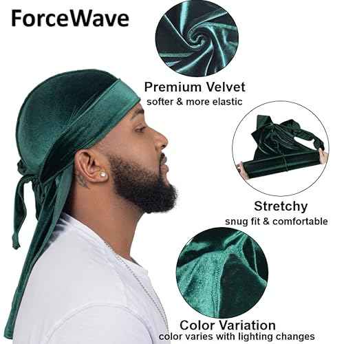 Velvet Durags for Men Wave Cap 6 Pieces Premium Do Rags Set for Men Women with Long Tail and Wide Strap