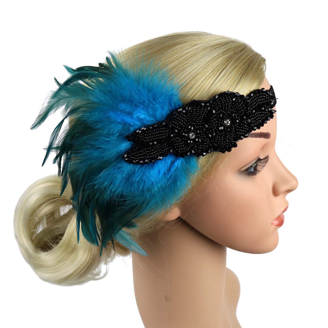 Lovfingu Women's 1920s Great Gatsby Headband Vintage Feather Flapper 20s Headpiece Vintage Sky Party Hair Accessories0Blue