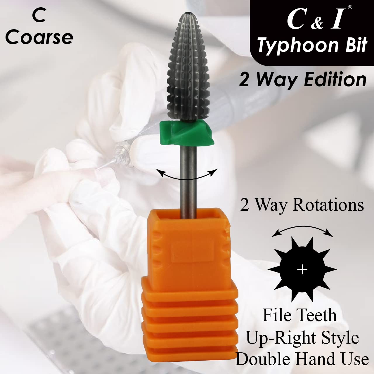 C & I Typhoon Bit, 2 Way, Fast Remove Acrylics or Gels, Both for Left Handed & Right Handed, Carbide Nail Drill Bit Electric Manicure Drill & Accessory (C (Coarse))