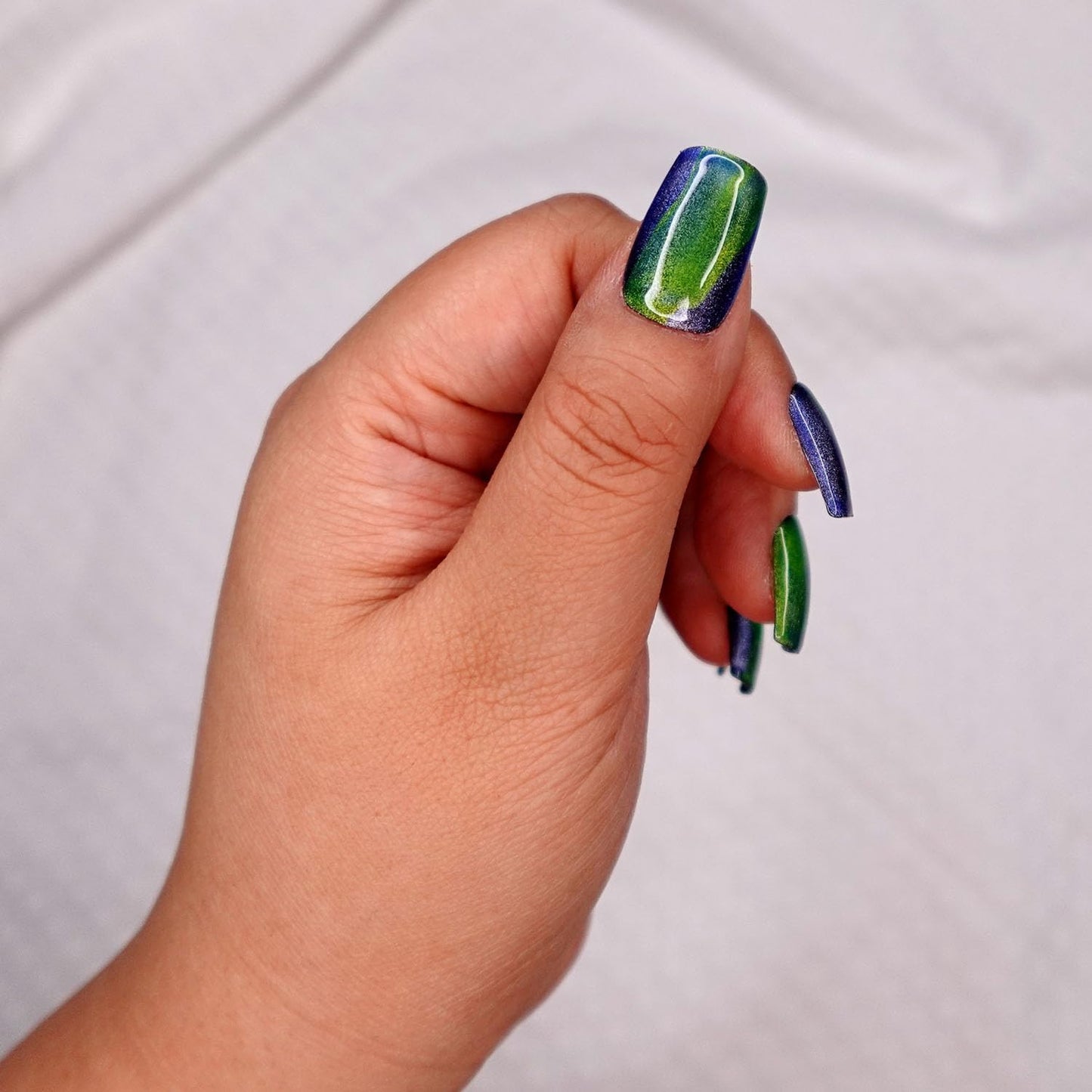 10 Pcs Handmade Press on Nails (Medium, Gaia - Chrome Blue and Green Water Color/Short Square) A124M