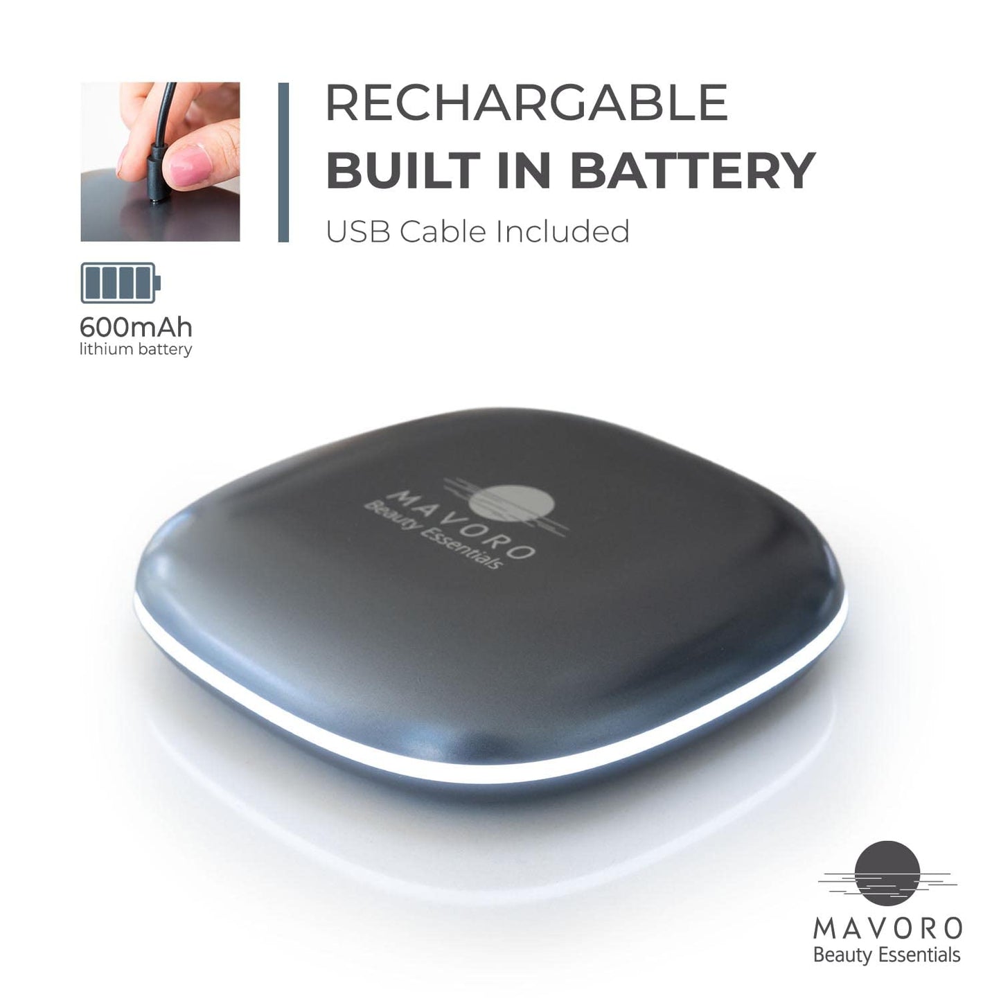 Mavoro LED Lighted Travel Makeup Mirror, Rechargeable, 1x/10x Magnification (Graphite Grey)