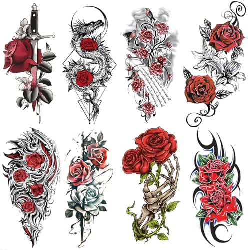 8 Sheets Waterproof Arm Body Art Temporary Tattoo Stickers Red Rose Flower Black Skull Dragon Sword Totem