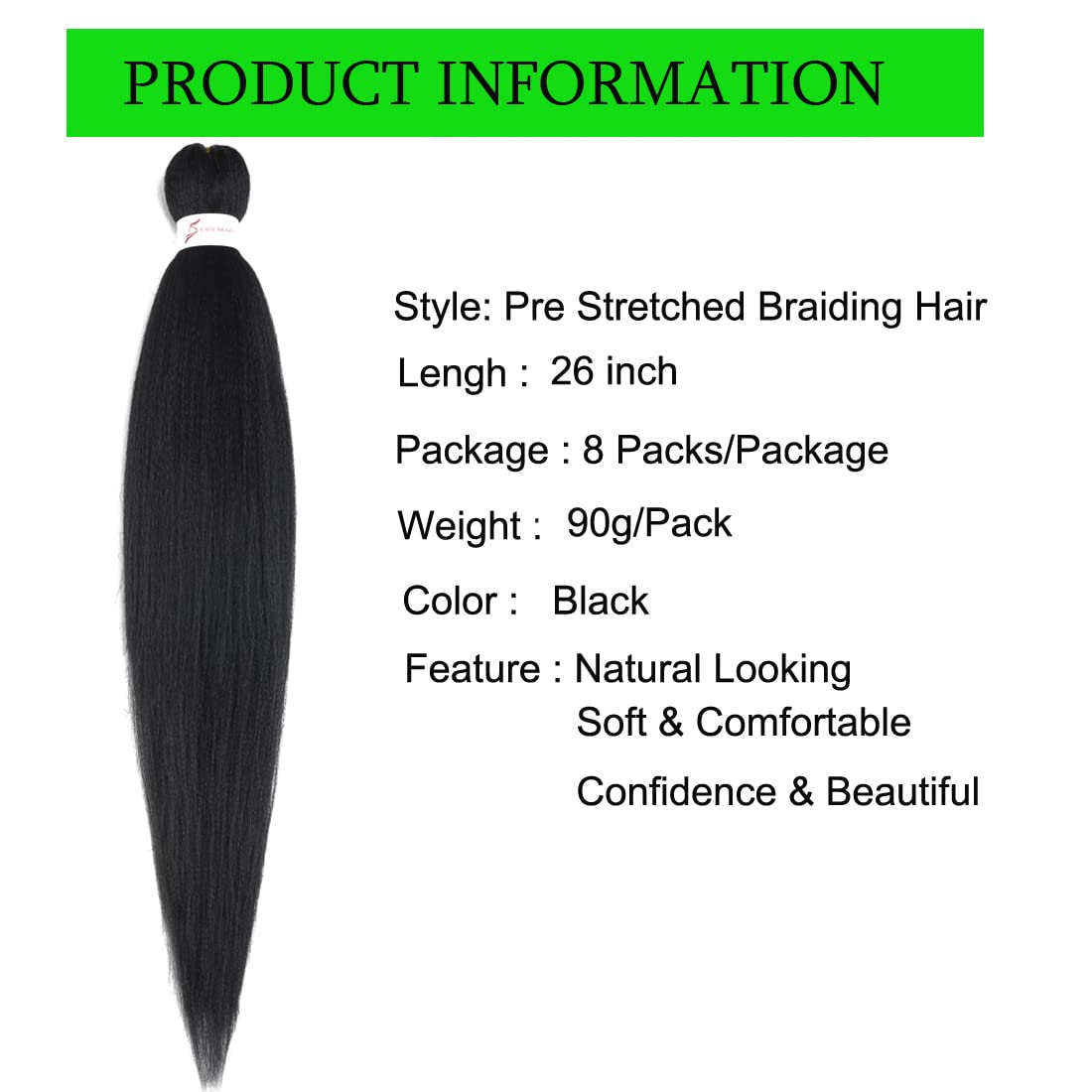 Pre Stretched Braiding Hair Extensions 26inch 8packs Professional Braids Hair Soft Yaki Straight Braid Hair Hot Water Setting Synthetic Crochet Hair (26inch,Black)