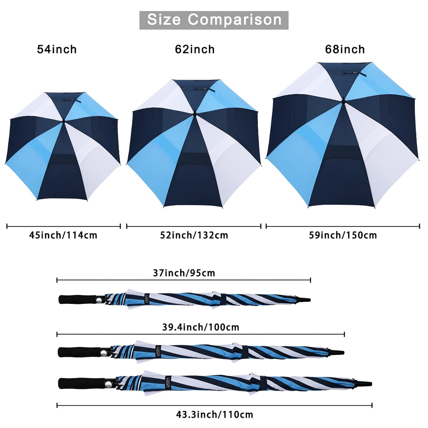 G4Free 62 Inch Automatic Open Golf Umbrella Extra Large Oversize Double Canopy Vented Windproof Waterproof Stick Umbrellas (White+Dark Blue+Sky Blue)