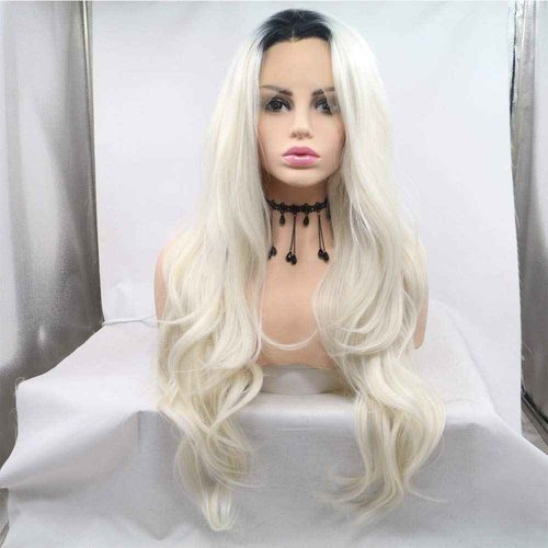 xiweiya Long Wavy Ombre Platinum Blonde with Brown Roots Synthetic Lace Front Wigs For Black Women Blonde Hair Heat Resistant Fiber Half Hand Tied 24Inch…