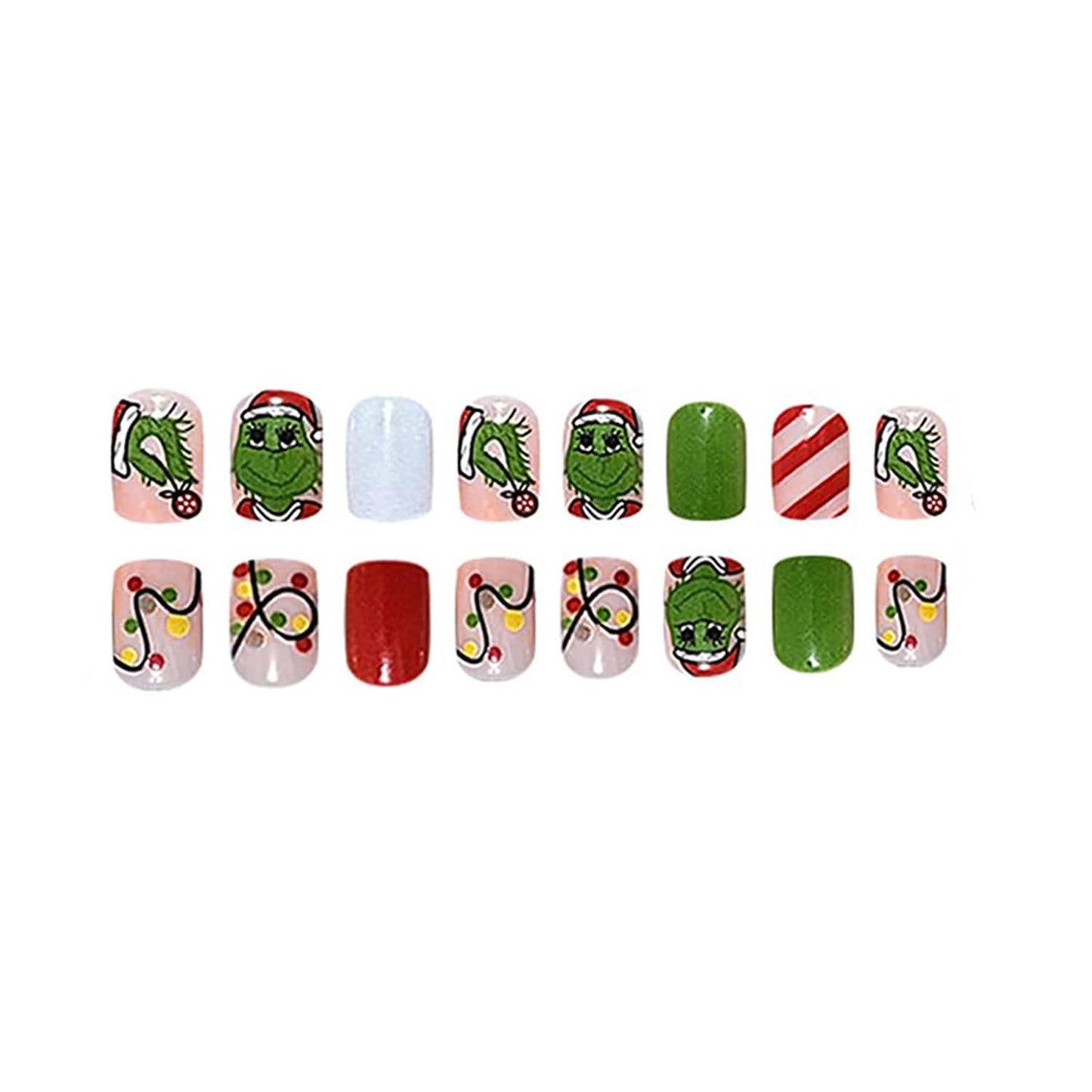 Christmas Press on Nails Short Fake Nails Cute Cartoon Grinchs Stick on Nails False Nails with Designs Acrylic Nails Winter Xmas Glue on Nails Full Cover Holiday Artificial Nails for Women