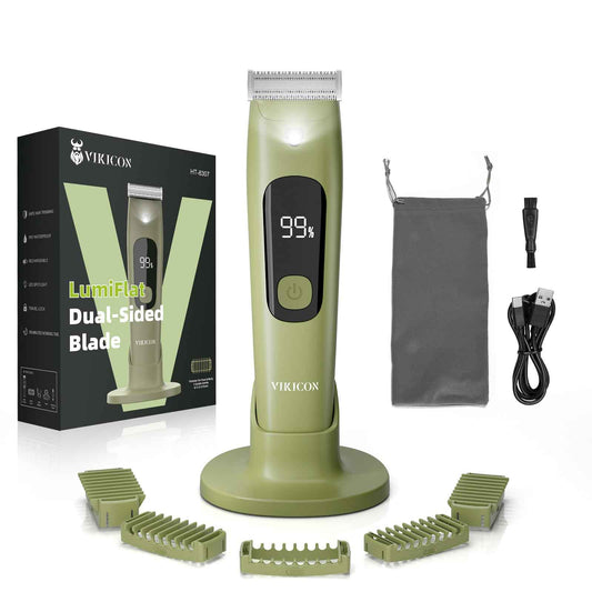 VIKICON Body Hair Trimmer for Men & Women: Safety Electric Razor for Pubic, Legs, Chest, Face w/Dual-Sided Single Blade & 5 Guide Combs, Waterproof Smooth Intimate Shaver, 150min Long Battery Life