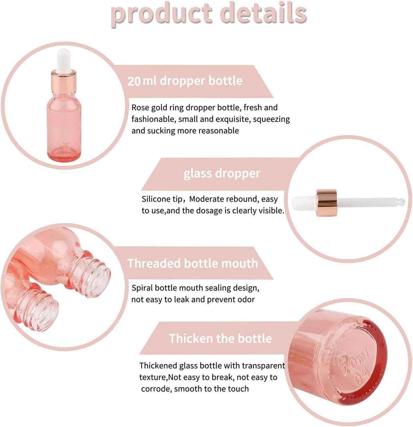 Kesell 7 Pack 20ml Pink Dropper Bottles, Empty Refillable Glass Sample Vials Essential Oils DIY Perfume Travel Container, With Rose-Gold Cap And 3 Funnels