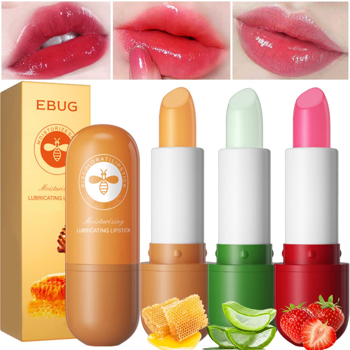 Aloe Vera Lip Balm Color Change Lipstick, 3 PCS Magic Temperature Moisturizing Lip Gloss, Prevent Lip Dry and Cracked (Aloe Vera, Honey, Strawberry)