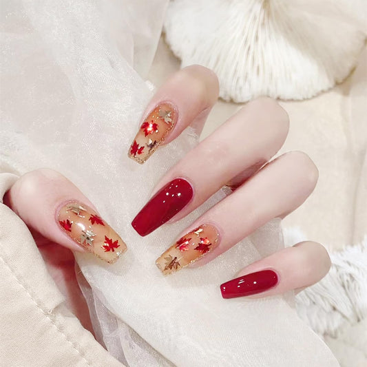 Fall Maple Leaf Press on Nails Medium Length with Maple Leaves Sequins Glitter Designs,Coffin Fake Nails Red Acrylic Acrylic Artificial Manicure for Women Girls Nail Decoration, 24PCS