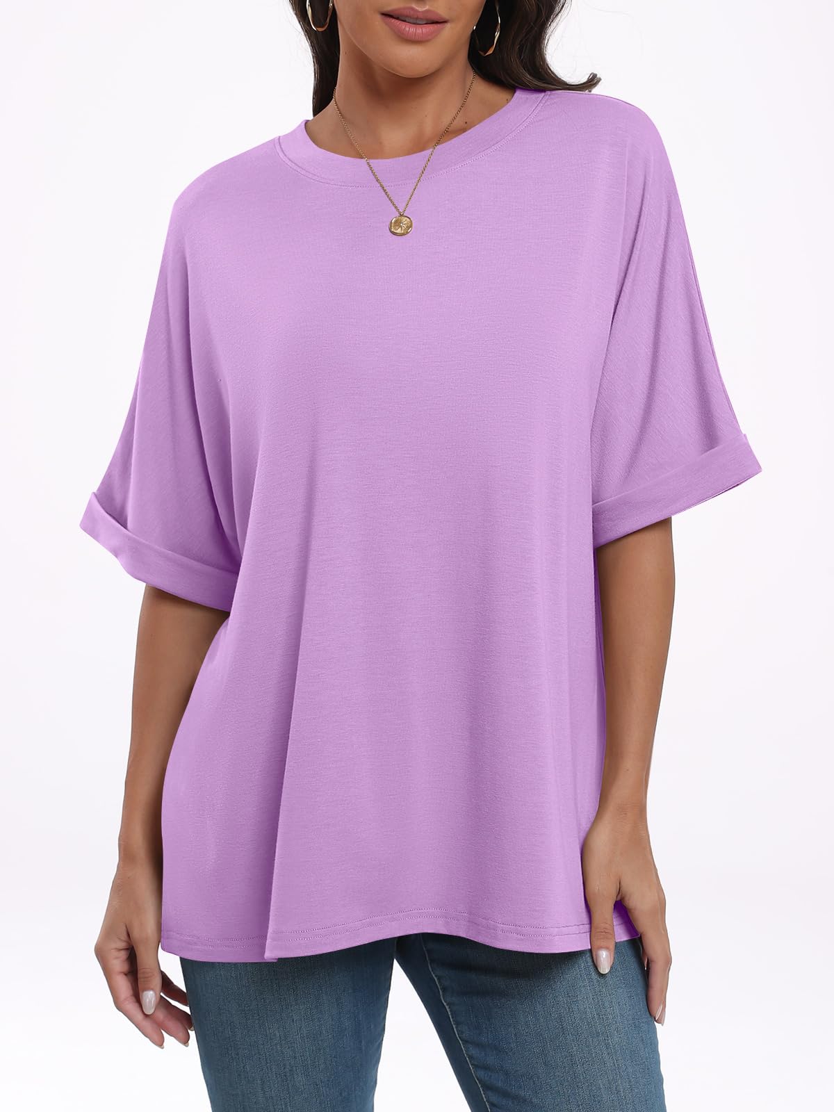 ANRABESS Women's Oversized T Shirts Short Sleeve Crewneck Summer Tops Casual Loose Basic Tee Shirts 2024 Trendy Clothes Lilac Small