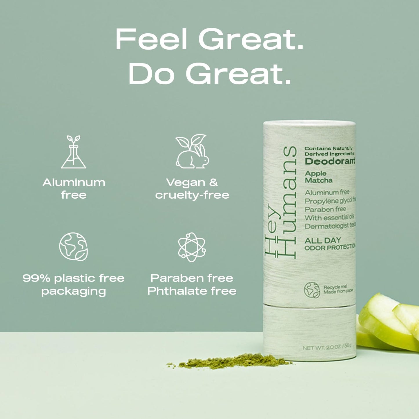 Hey Humans Deodorant, Aluminum Free Deodorant for Women and Men, Contains Naturally Derived Ingredients, All Day Odor Control, Refreshing Essential Oils, Earth Friendly Package, Apple Matcha