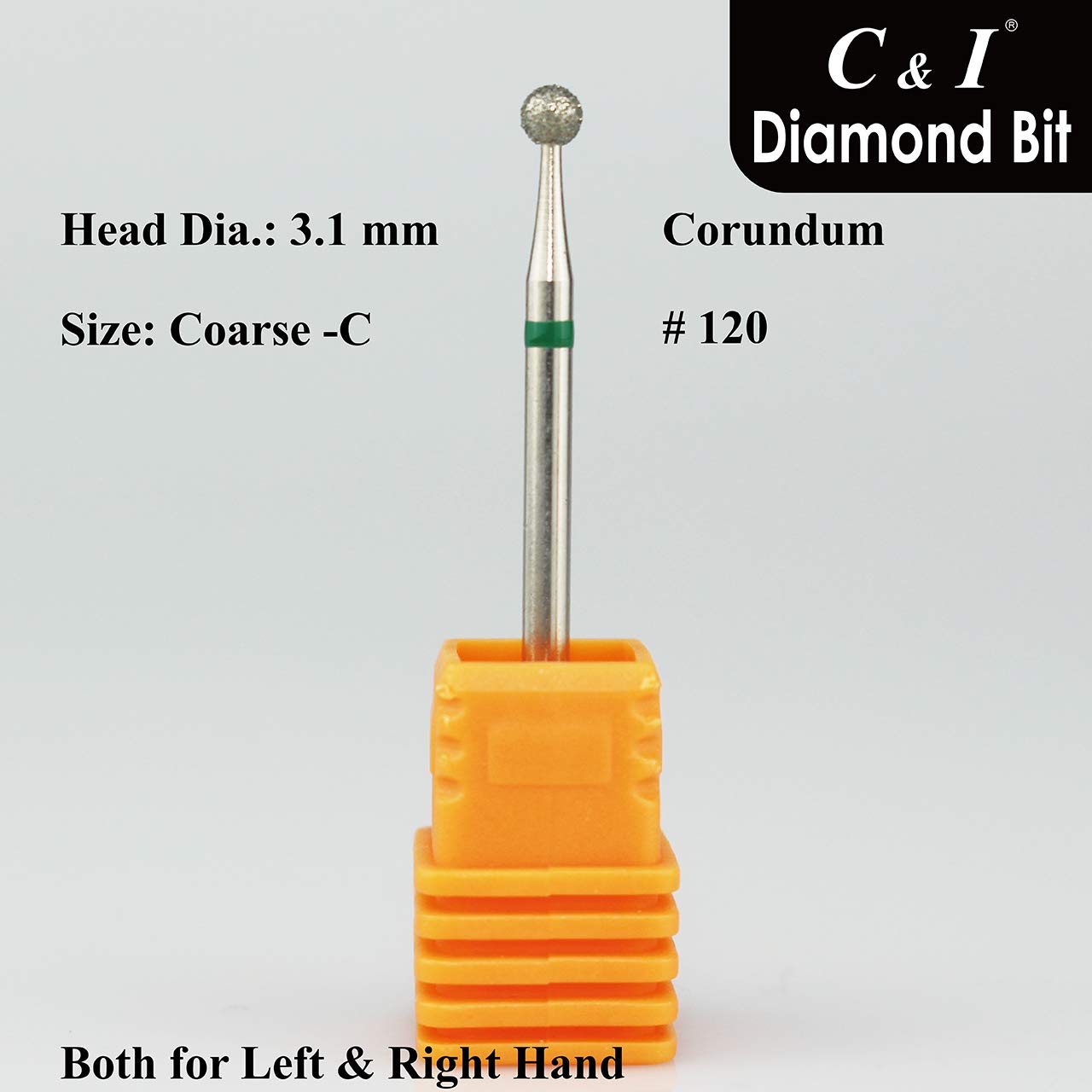 C & I Diamond Nail Drill Bit, Ball Shape Head E-File, Professional Cuticle Clean Drill Bit, Improved Diamond Powder plus Tungsten Carbide Shank 3/32” (2.35 mm) (3.1 mm, Coarse -C)