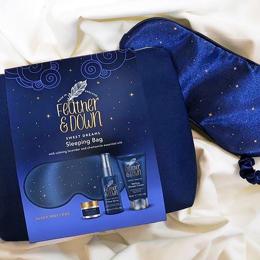 Feather & Down Sleeping Bag Gift Set: Luxury Eye Mask, Sleep Balm, Pillow Spray and Shower Cream, with Calming Lavender & Chamomile Essential Oils, Vegan & Cruelty Free