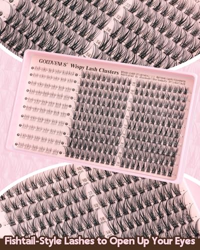 Goddvenus V-natural Clusters Eyelash Extension Kit with Bottom Lashes, 250Pcs Wispy C Curl DIY Fake Lashes